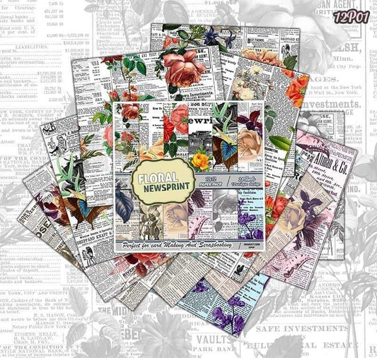 12x12 Paper, Floral News Print