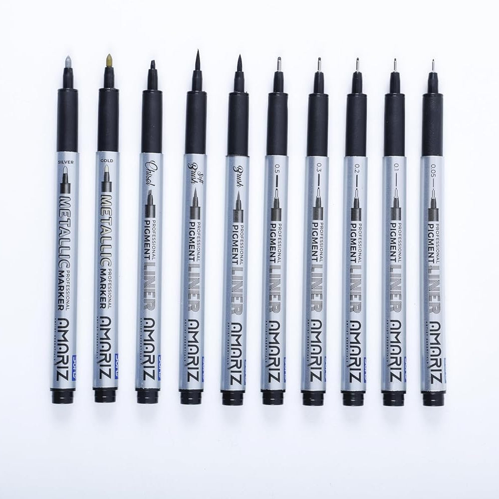 AMARIZ Doms Pigment Fine Point Liner & Marker Set Of 10, Black