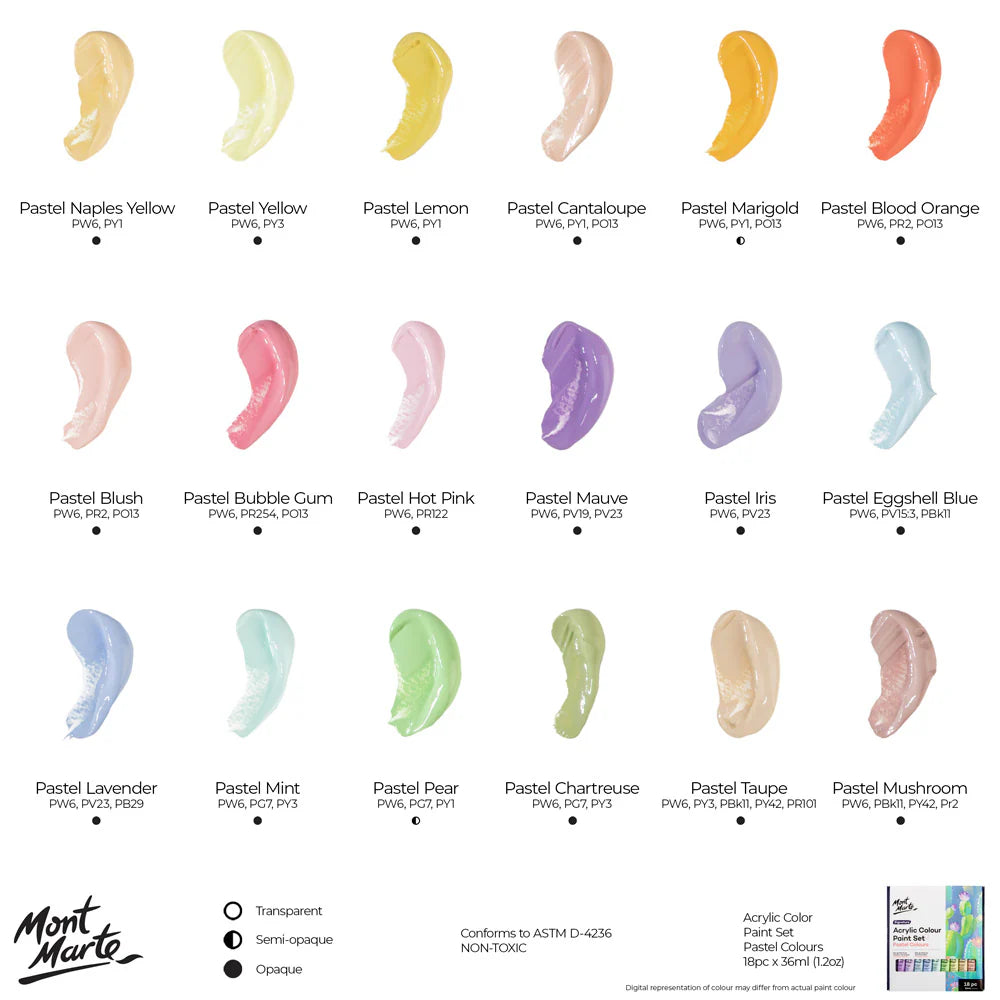 Mont Marte Acrylic Colour Pastel Paint Set 18 X 36ml