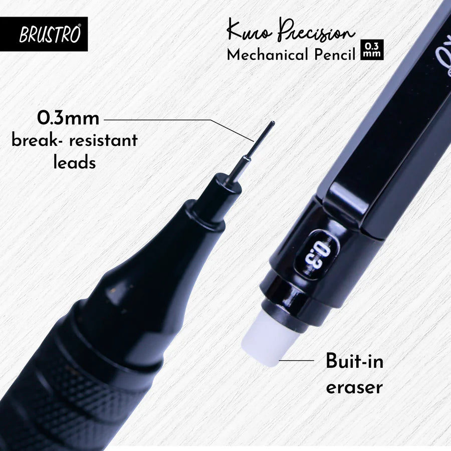 BRUSTRO Kuro Precision Mechanical Pencil | Tip Size - 0.3mm With 20 - HB and 20 - 2B leads , 3 Eraser Refills