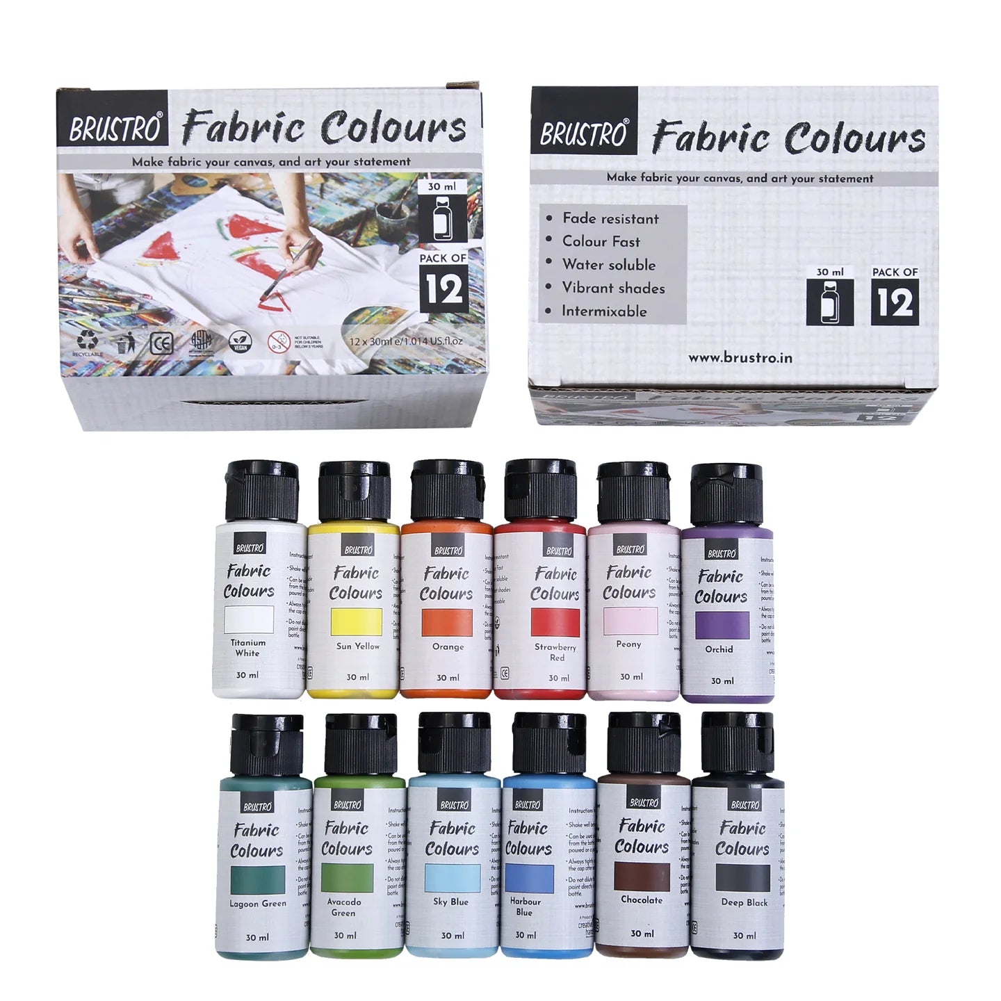 BRUSTRO Artists Fabric Colours - Set of 12, 30ml Paint Bottles