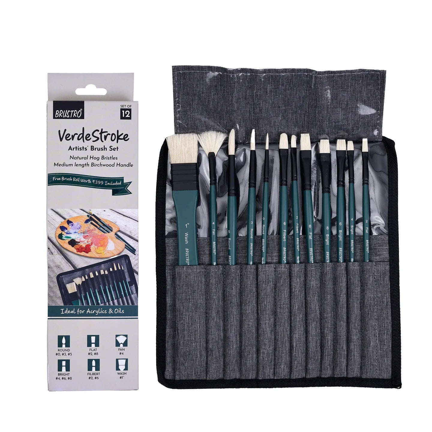 BRUSTRO Artists’ VerdeStroke Brush Set of 12 with free Brush Roll