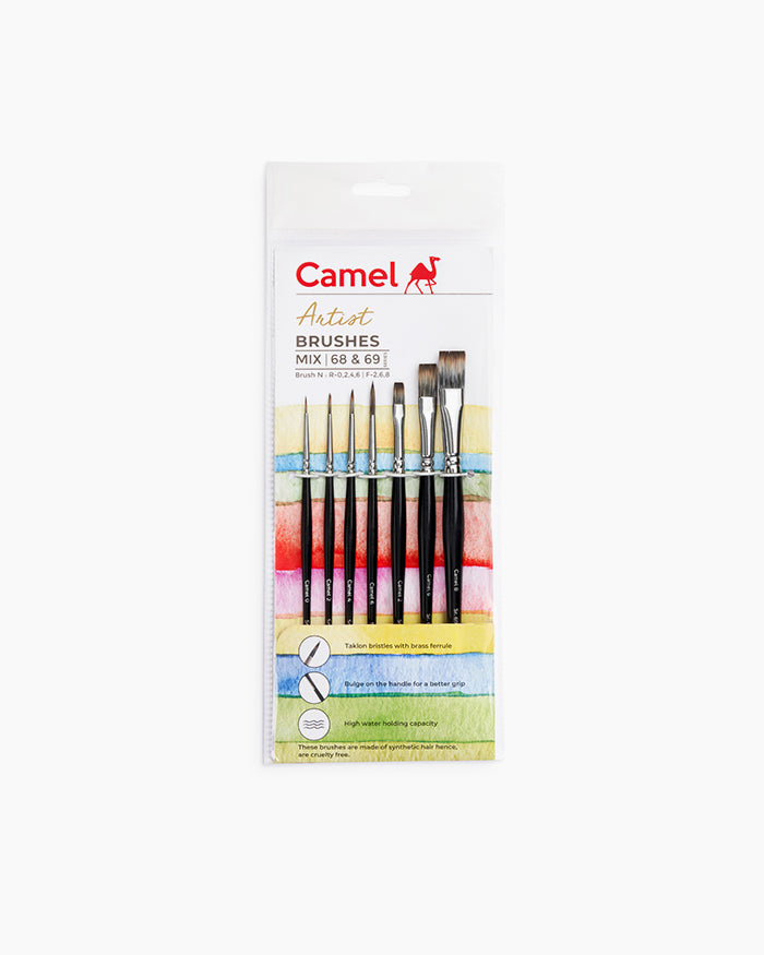 Camel Artist Brushes Assorted pack of 7 brushes, Round - Series 68 & Flat - Series 69