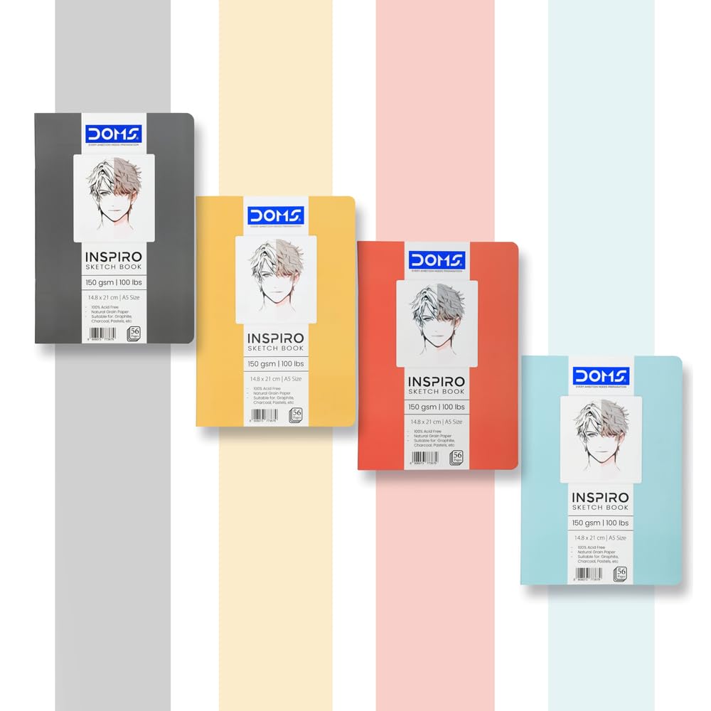 DOMS A5 INSPIRO Sketch Book | Binding : Soft Cover Pinning | 56 Pages | Pack of 4 books