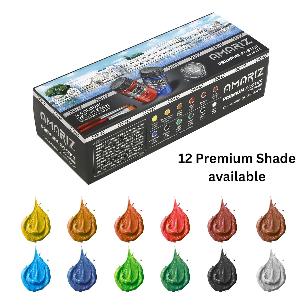 DOMS Amariz Premium Poster Colour | 12 colours of 15ml each