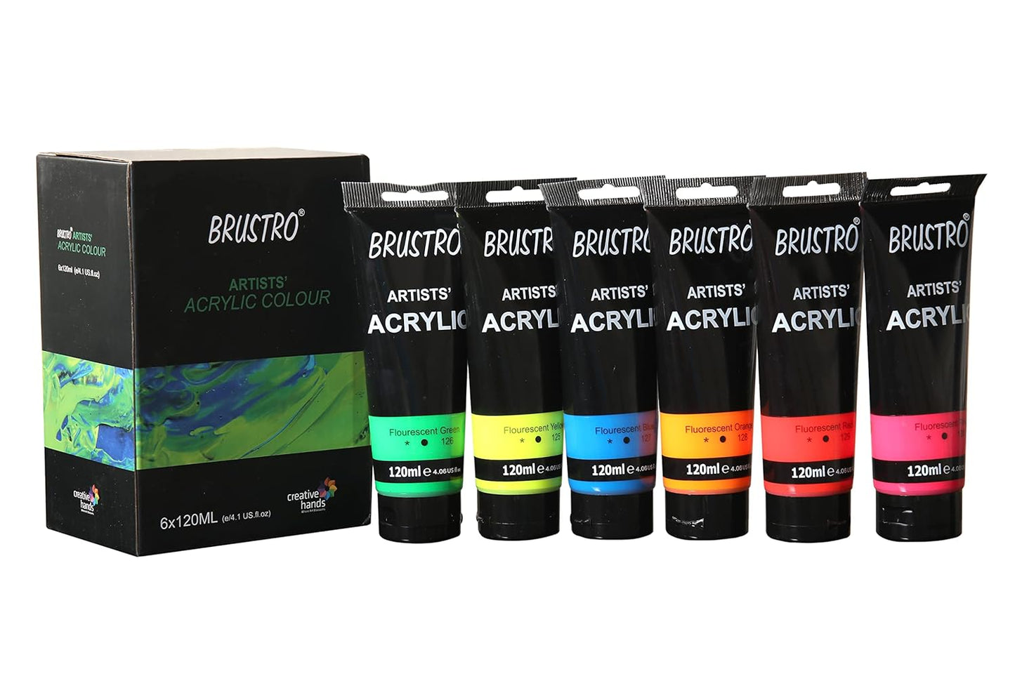 BRUSTRO Artist's Acrylic Colour Set, Fluorescent Shades, 120ml