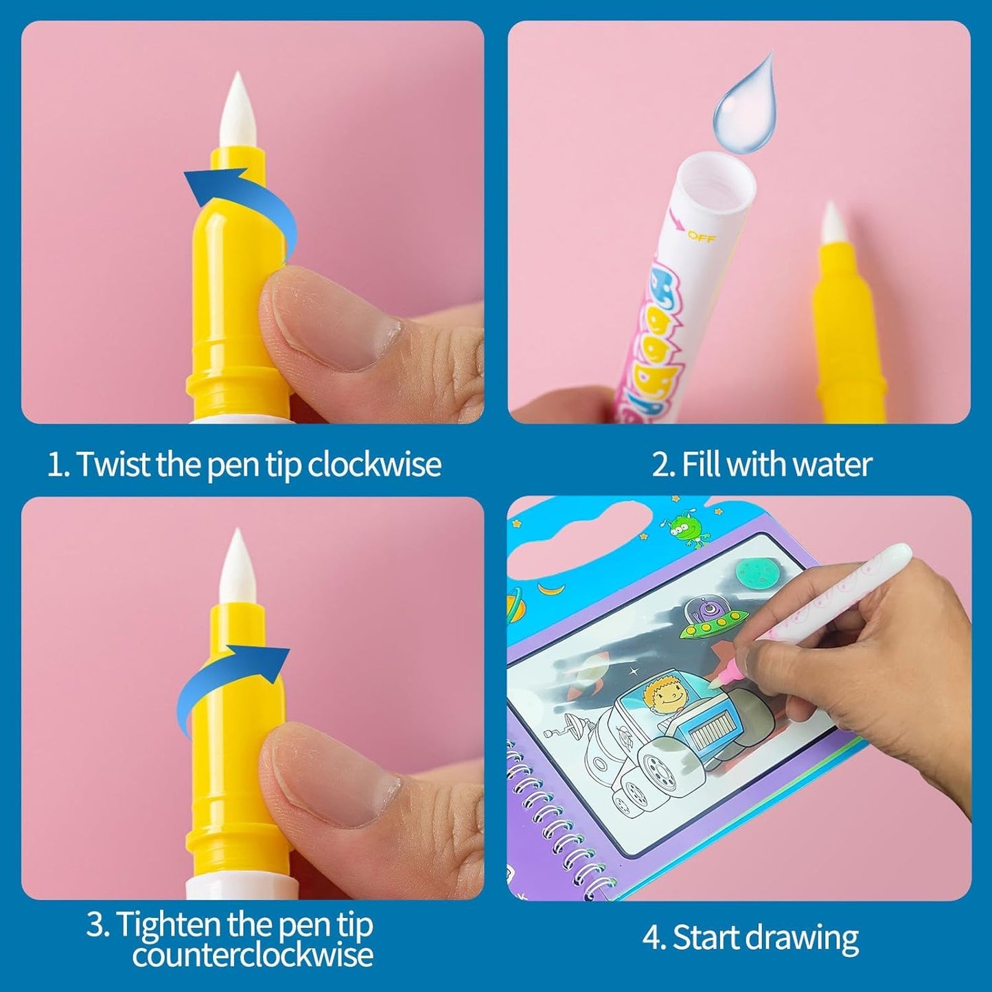 Water Magic Drawing Book with Reusable Water Pen – Doodle and Paint Activity Book for Kids