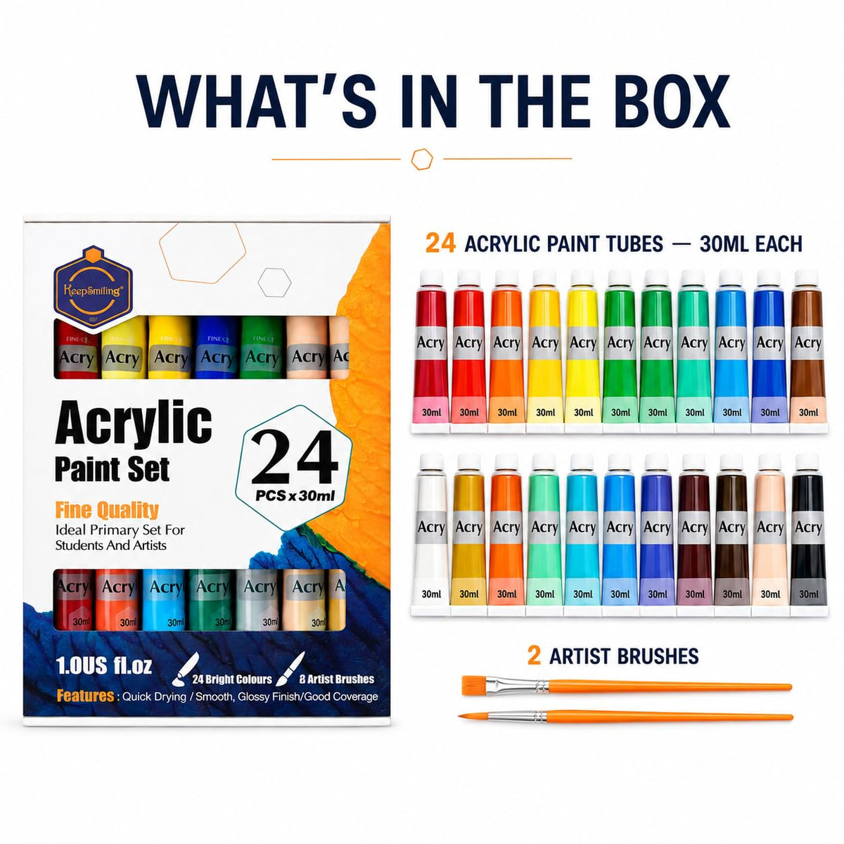 Keep Smiling Acrylic Tube Paint Set 30ml, 24 shades