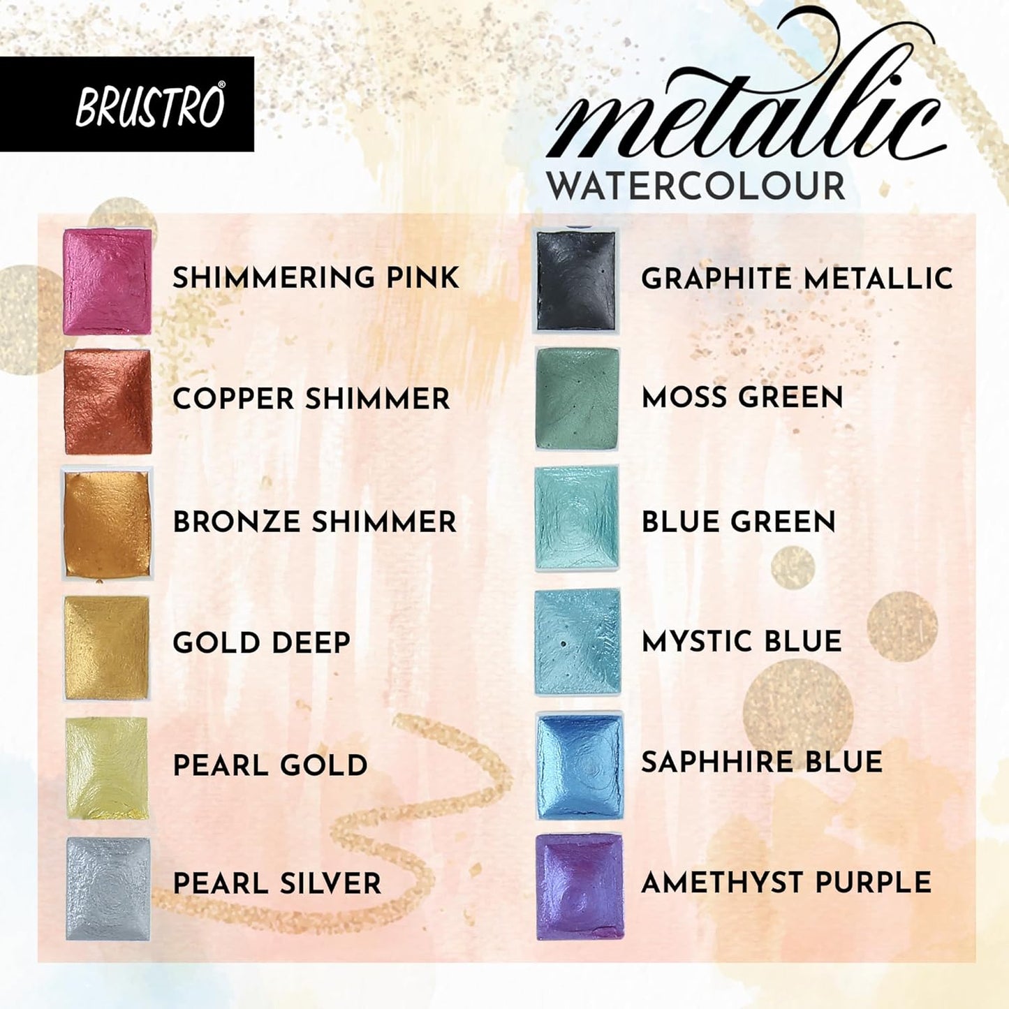 BRUSTRO Metallic Watercolour Set, Half Pans