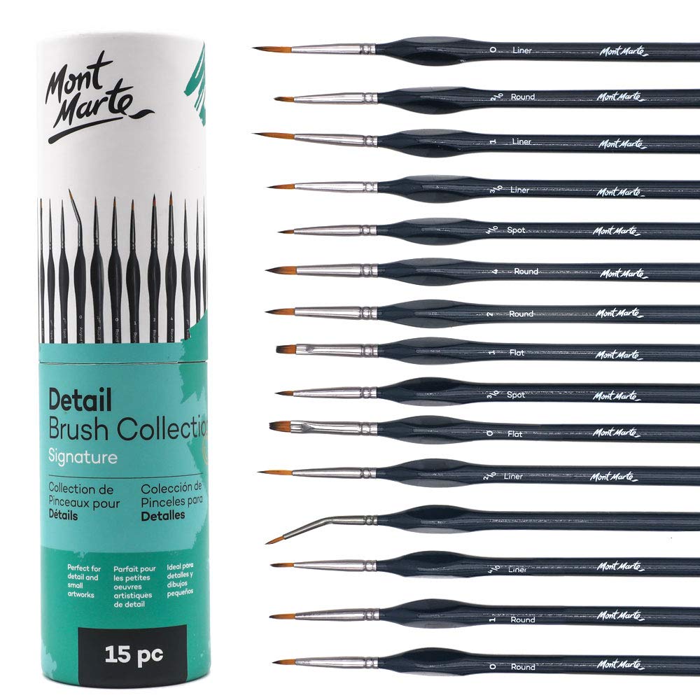 Mont Marte Plastic Signature Detail Synthetic Brush Collection, 15 Piece