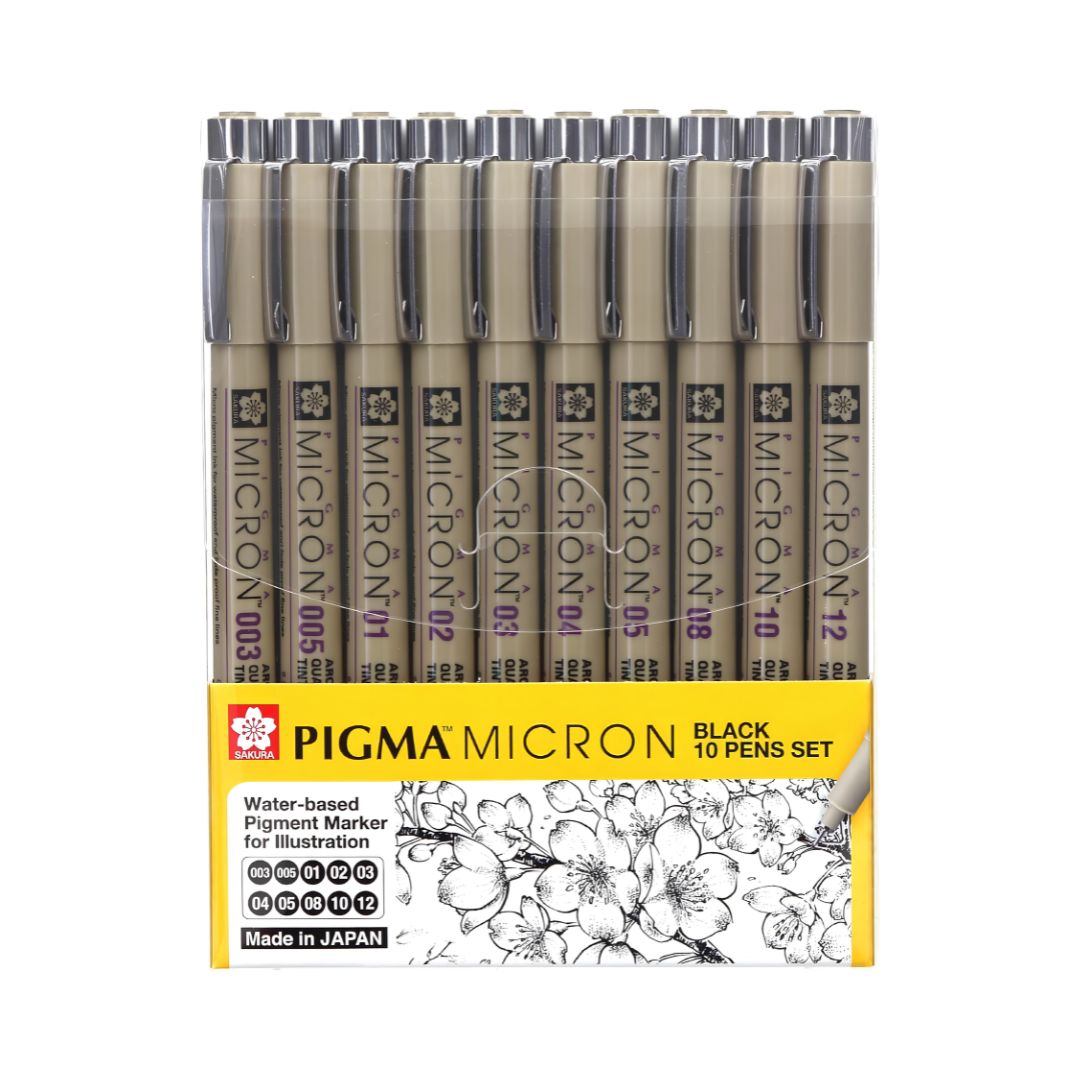 SAKURA Pigma Micron Fineliner Pens, Classic Set of 10 Nib Sizes, Black