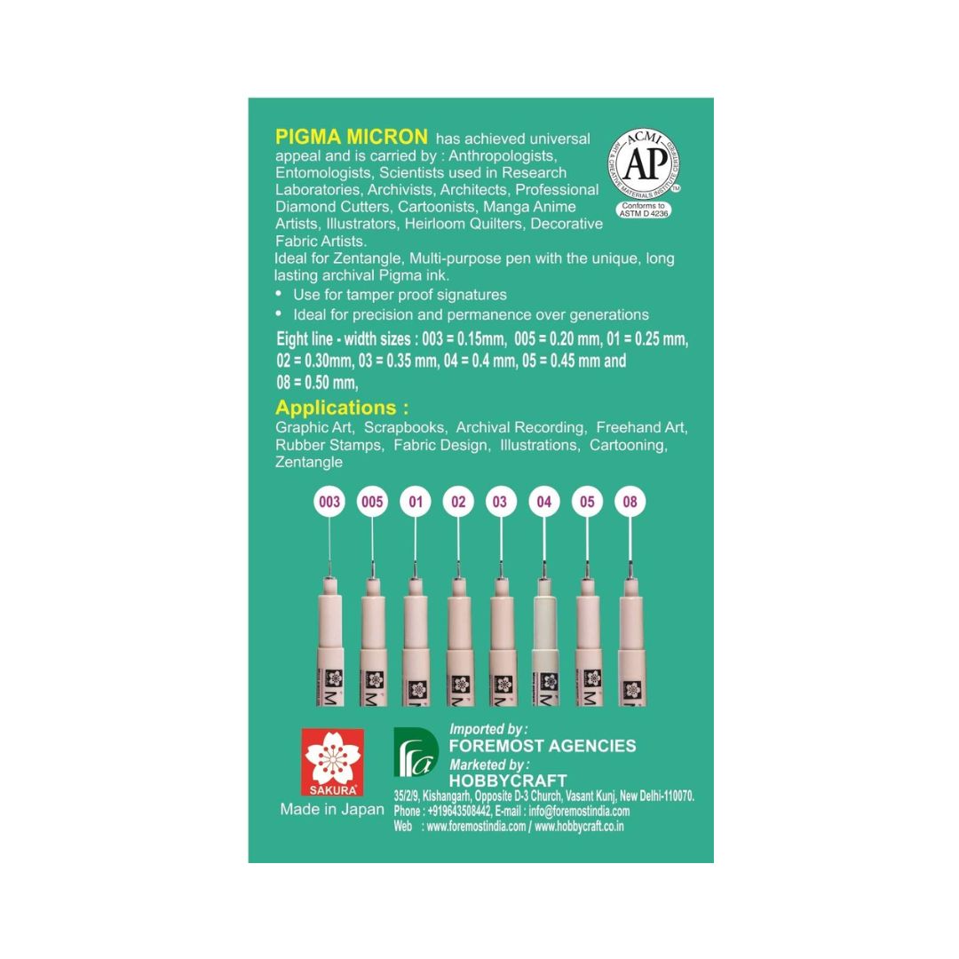SAKURA Pigma Micron Fineliner Pens, Set of 8 Nib Sizes, Black