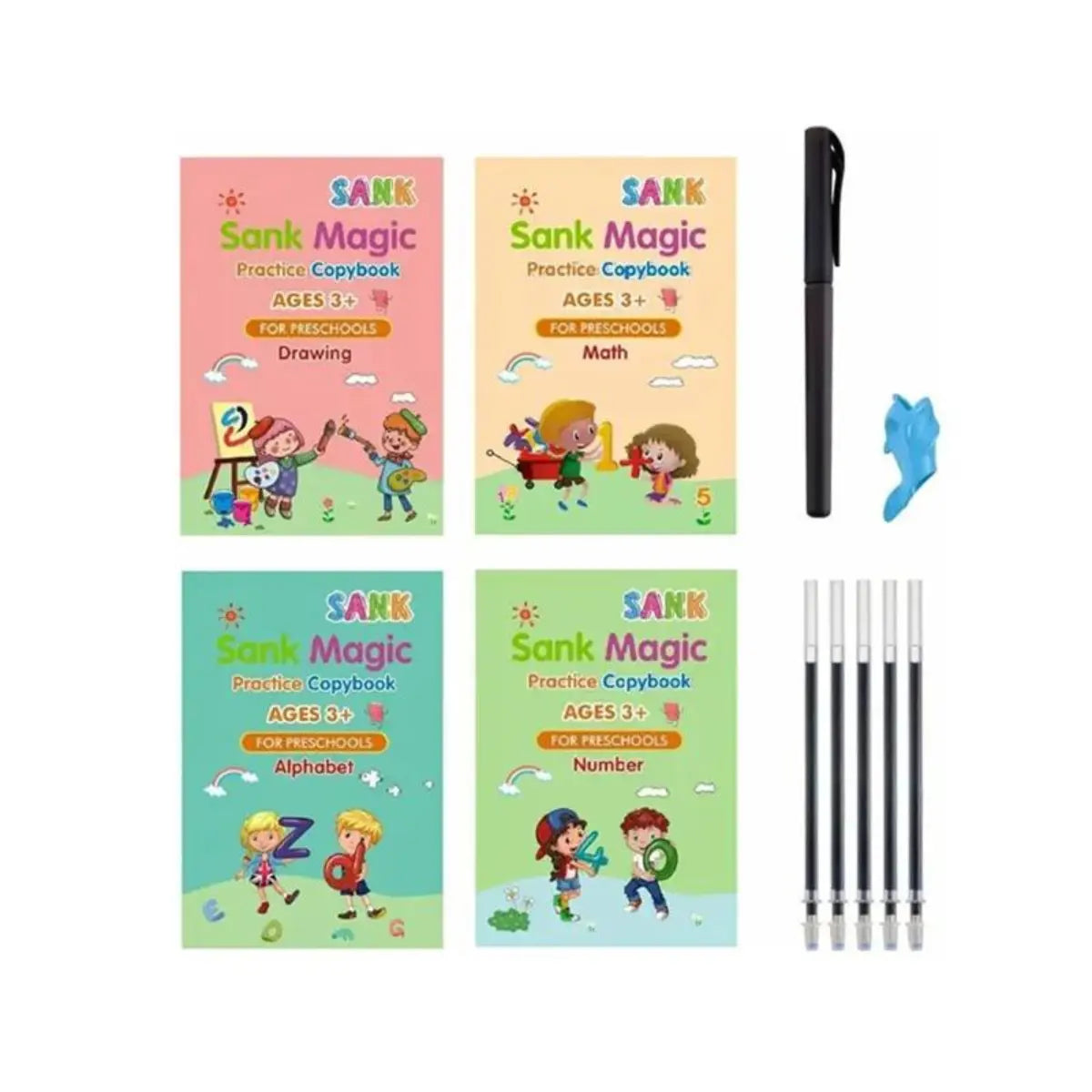 Sank Magic Practice Copybook, (4 BOOKS + 10 REFILL+ 1 Pen +1 Grip)