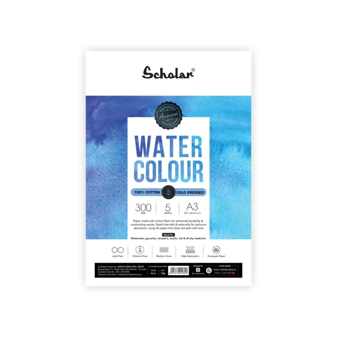 Scholar 300 Gsm Watercolour Paper - 100% Cotton Loose Sheets (Cold Pressed)