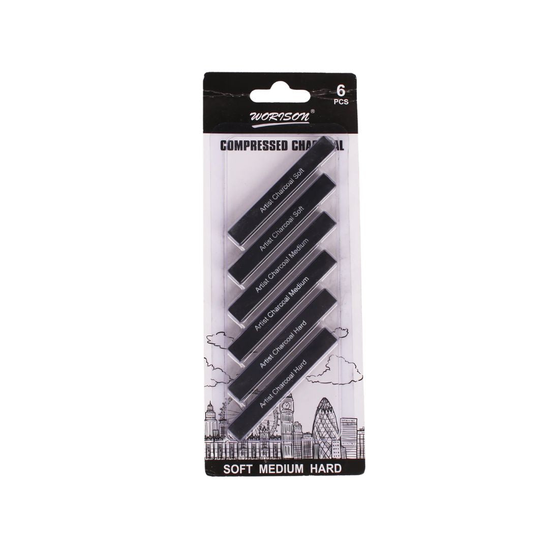 WORISON Compressed Charcoal Sticks (Soft, Medium & Hard) - 6pcs set