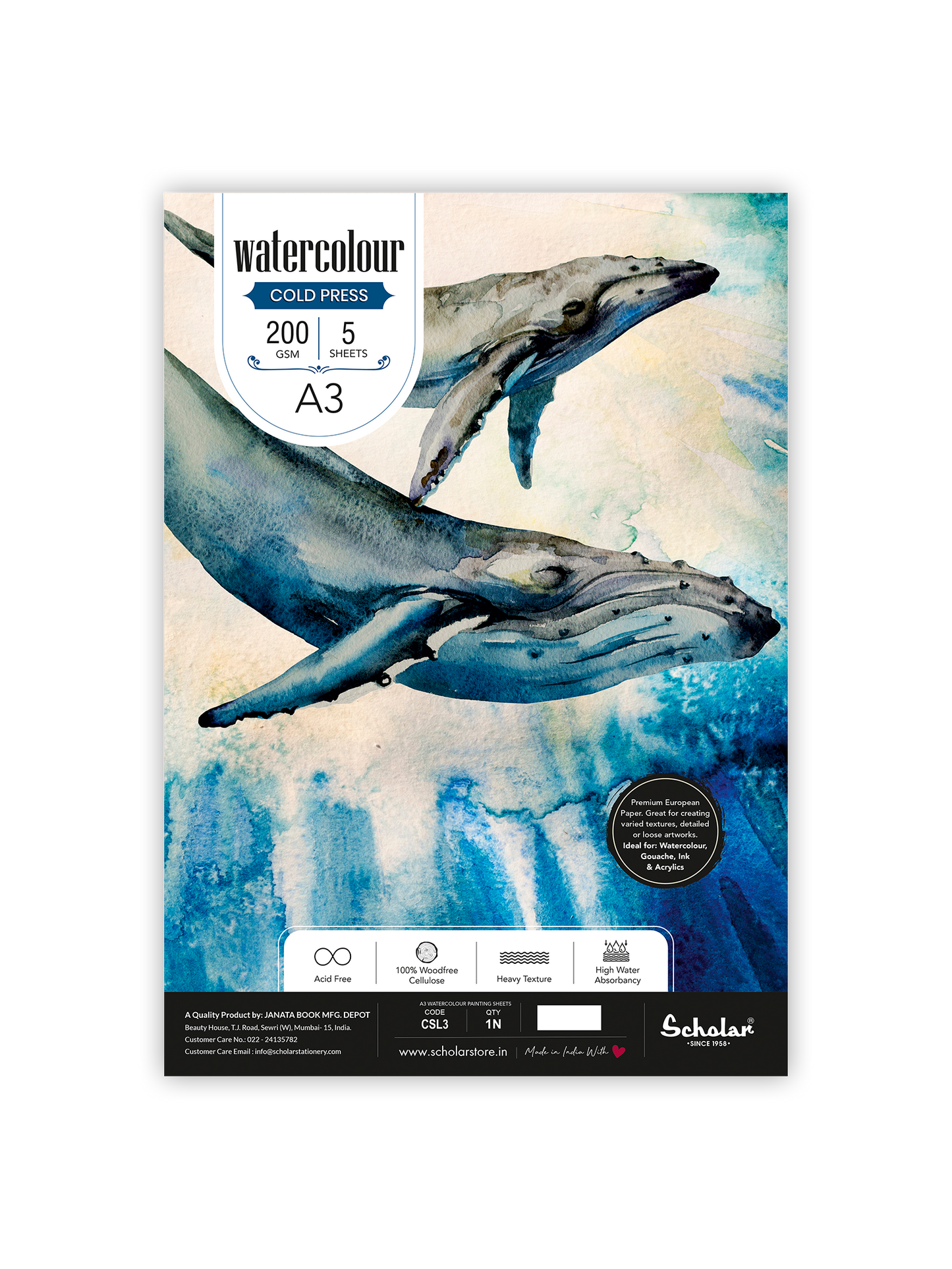 Scholar Watercolour Cold Pressed Paper, Loose 5 Sheets, 200gsm