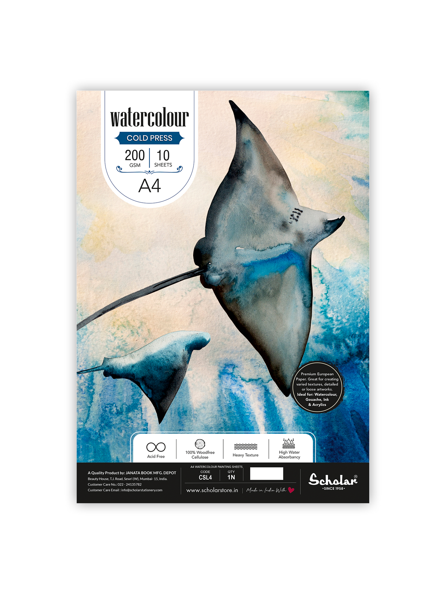 Scholar Watercolour Cold Pressed Paper, Loose 10 Sheets, 200gsm