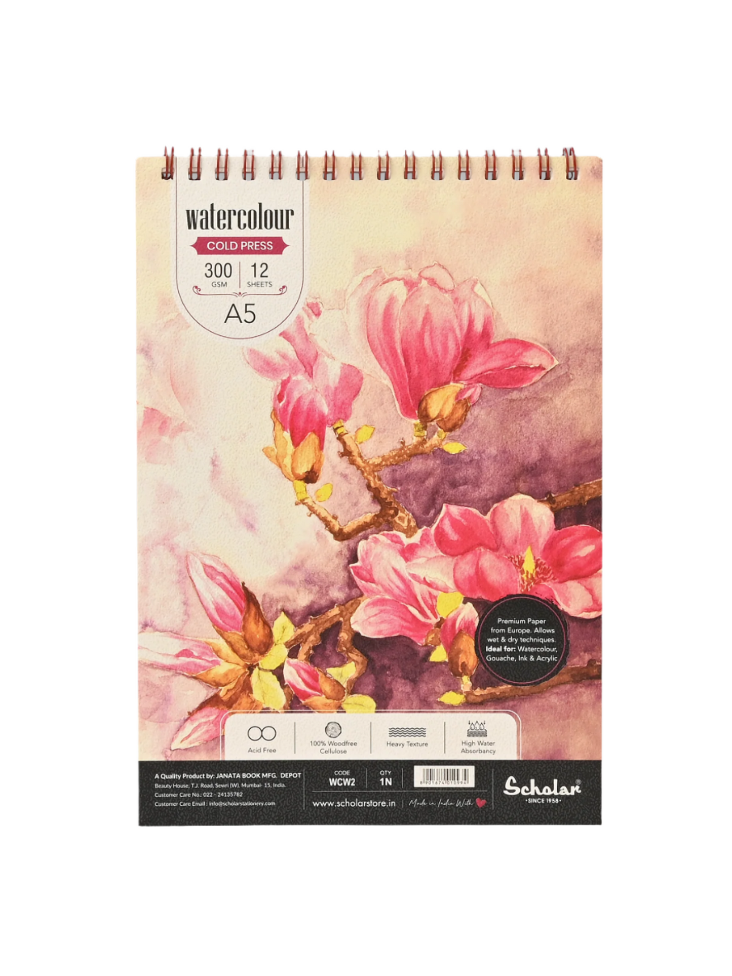 Scholar Watercolour Cold Pressed Paper Pads - Wire Bound, 300gsm
