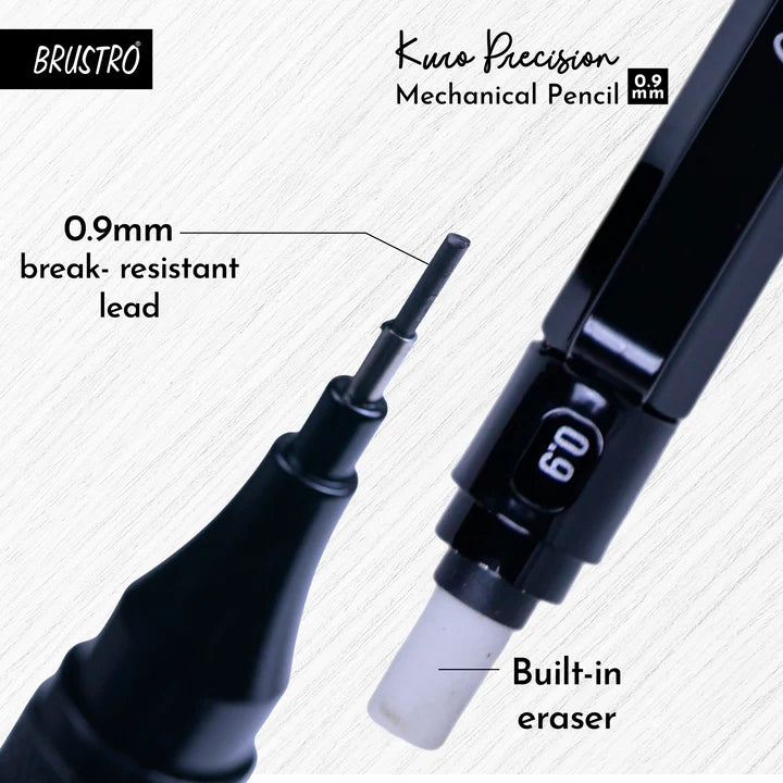 Brustro Kuro Precision Mechanical Pencil | Tip Size - 0.9mm With 20 - HB and 20 - 2B leads , 3 Eraser Refills