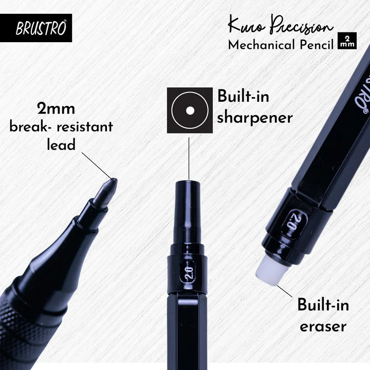 Brustro Kuro Precision Mechanical Pencil |Tip Size- 2mm With 6- HB and 6- 2B Leads , Built-in-Sharpener, 3 Eraser Refill
