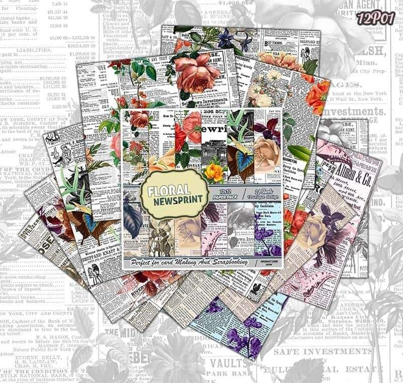 12x12 Paper, Floral News Print