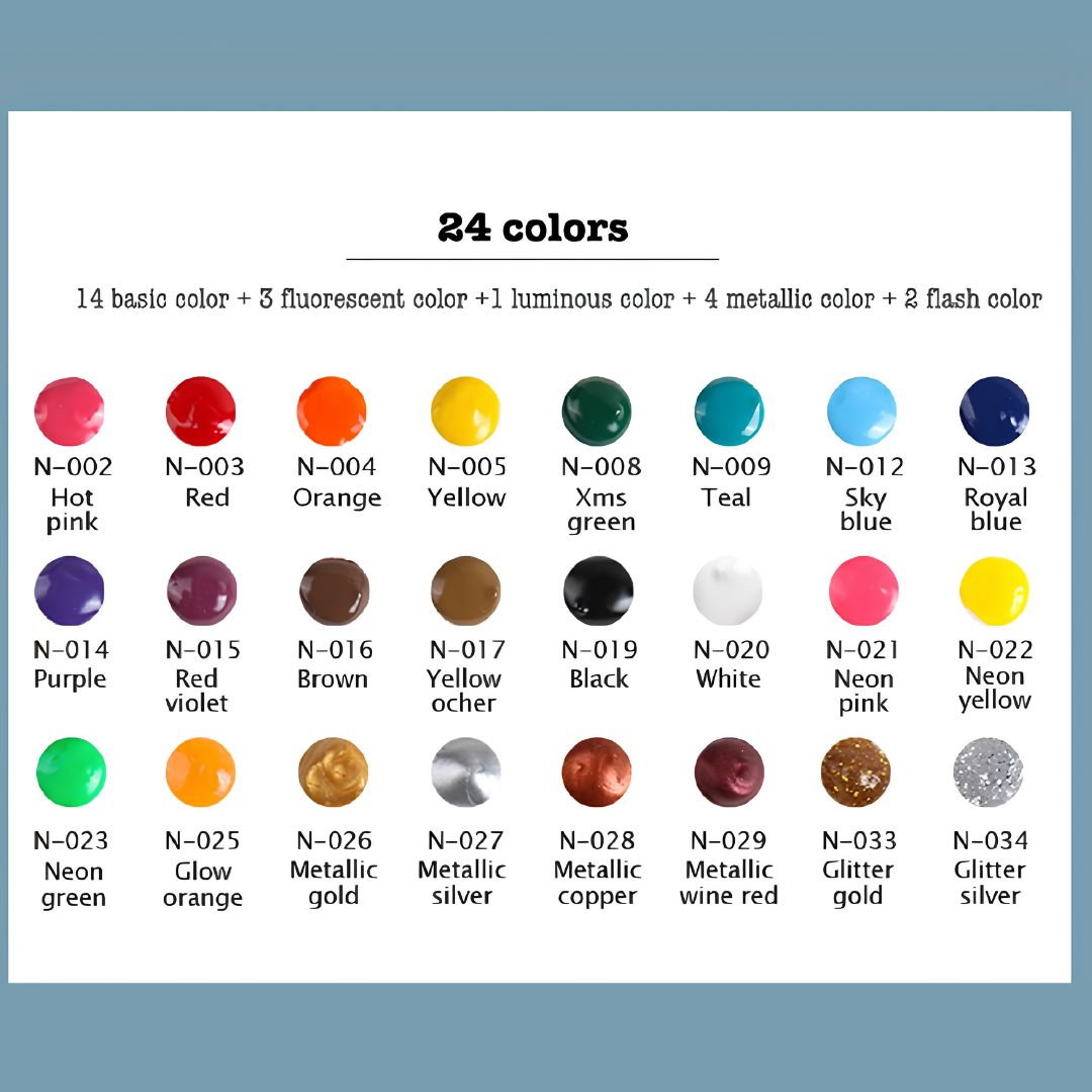 3D Fabric Paint Color Set of 24 Colors with 3 Pcs Nylon Brush Paint for Clothing, Accessories, Glow in the Dark & Vibrant Colour Shades