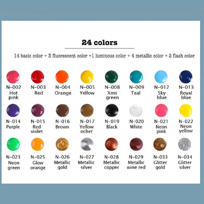 3D Fabric Paint Color Set of 24 Colors with 3 Pcs Nylon Brush Paint for Clothing, Accessories, Glow in the Dark & Vibrant Colour Shades