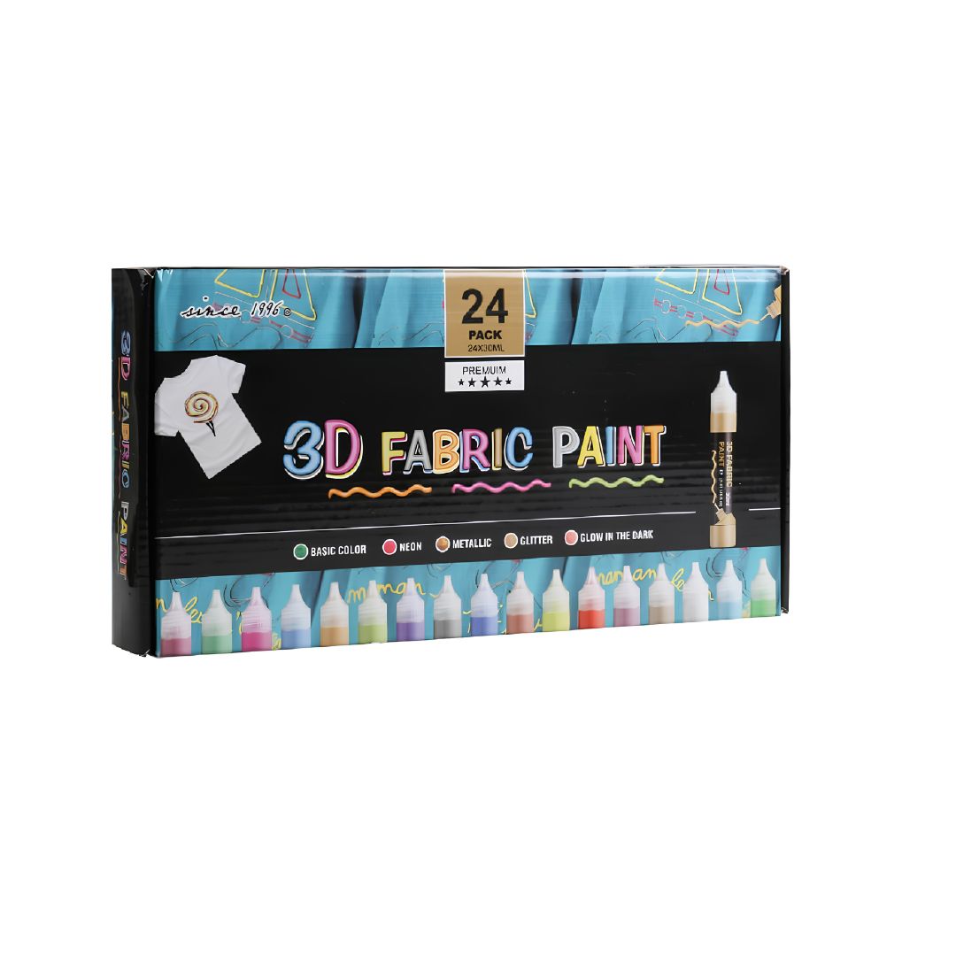 3D Fabric Paint Color Set of 24 Colors with 3 Pcs Nylon Brush Paint for Clothing, Accessories, Glow in the Dark & Vibrant Colour Shades