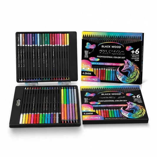 48 Colour Pencil Set, 36 Coloured Pencils + 6 Dual-Ended Metallic & Neon Bicolour Pencils, 4.0mm Triangular Grip, Sharpener Included for Drawing & Colouring