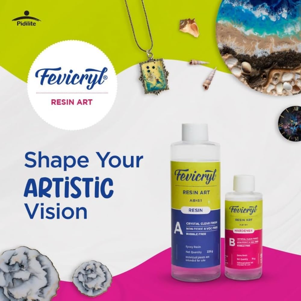 Fevicryl Resin Art bottles with artistic creations on a colorful background