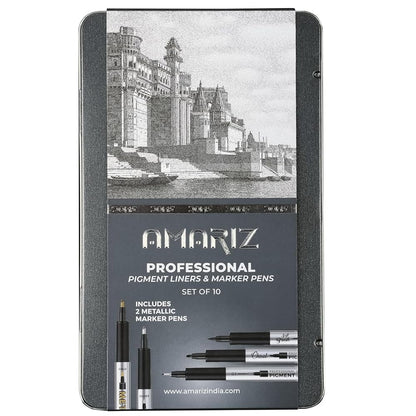 AMARIZ Doms Pigment Fine Point Liner & Marker Set Of 10, Black