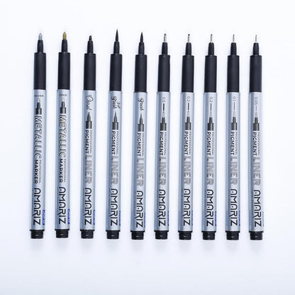 AMARIZ Doms Pigment Fine Point Liner & Marker Set Of 10, Black