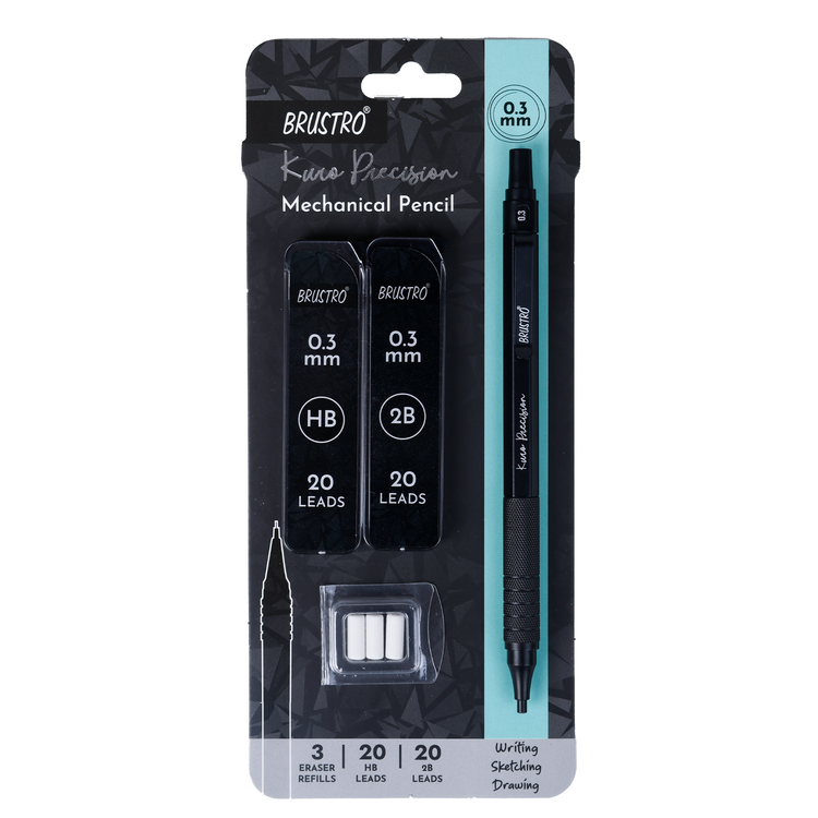 BRUSTRO Kuro Precision Mechanical Pencil | Tip Size - 0.3mm With 20 - HB and 20 - 2B leads , 3 Eraser Refills