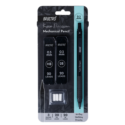 BRUSTRO Kuro Precision Mechanical Pencil | Tip Size - 0.3mm With 20 - HB and 20 - 2B leads , 3 Eraser Refills