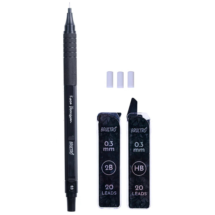 BRUSTRO Kuro Precision Mechanical Pencil | Tip Size - 0.3mm With 20 - HB and 20 - 2B leads , 3 Eraser Refills
