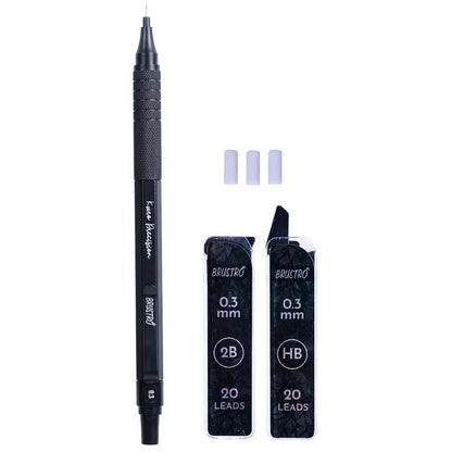 BRUSTRO Kuro Precision Mechanical Pencil | Tip Size - 0.3mm With 20 - HB and 20 - 2B leads , 3 Eraser Refills