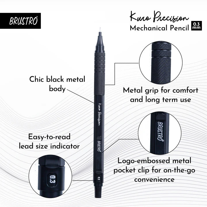 BRUSTRO Kuro Precision Mechanical Pencil | Tip Size - 0.3mm With 20 - HB and 20 - 2B leads , 3 Eraser Refills
