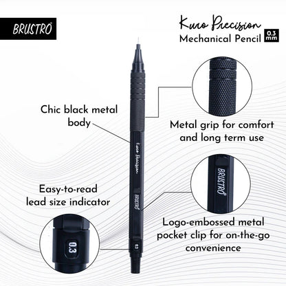 BRUSTRO Kuro Precision Mechanical Pencil | Tip Size - 0.3mm With 20 - HB and 20 - 2B leads , 3 Eraser Refills