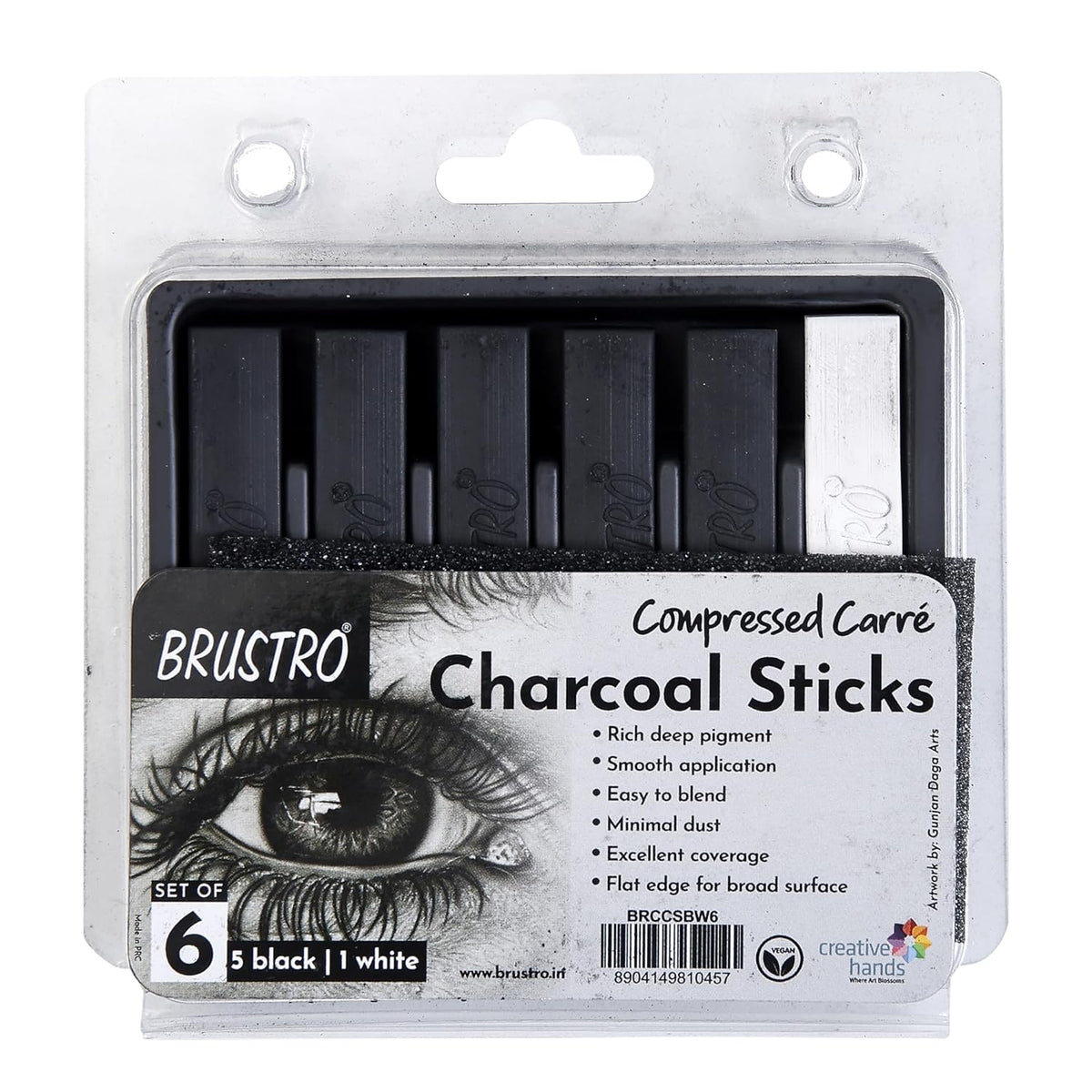 BRUSTRO Artist Compressed Carre Charcoal Sticks - Set of 6 (5 Black & 1 White Stick)