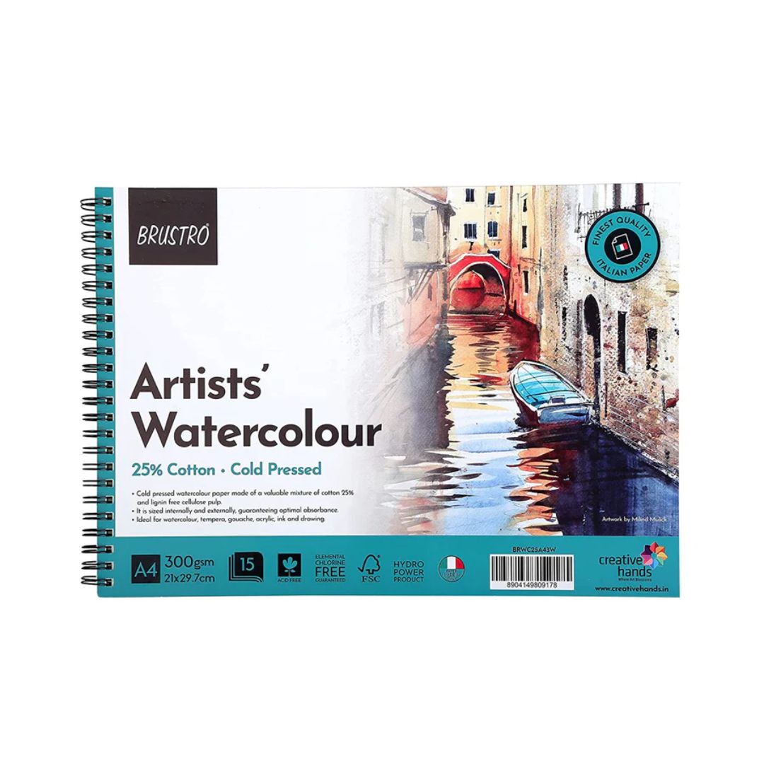 BRUSTRO Artist Watercolour Pad 25% Cotton 300 GSM A4 Wiro - 15 Sheets