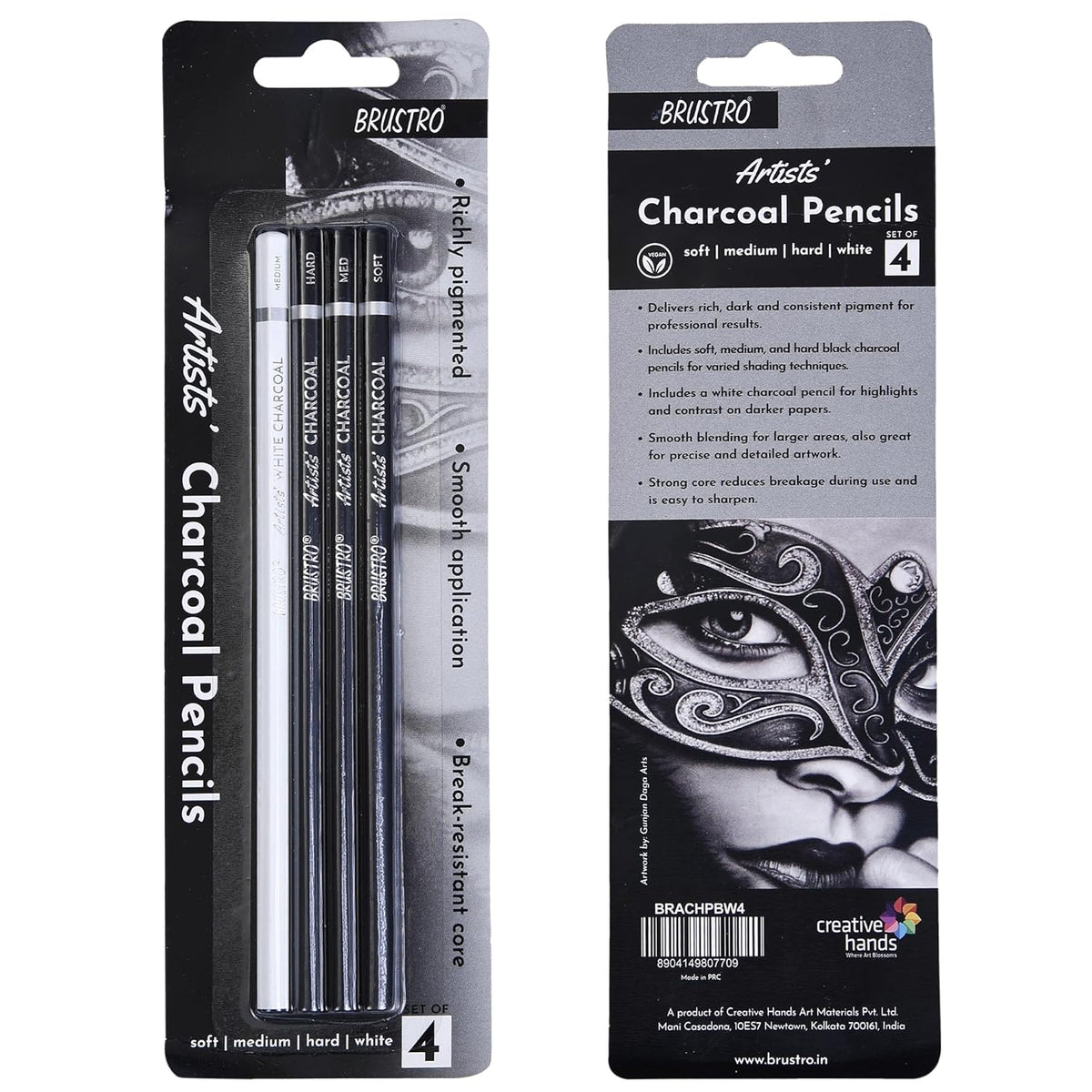 BRUSTRO Artists Charcoal Pencil - Set of 4 (3 Black Shade - Soft, Medium, Hard and 1 White - Medium)