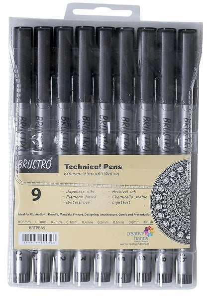 BRUSTRO Technical Pens Black Set of 9