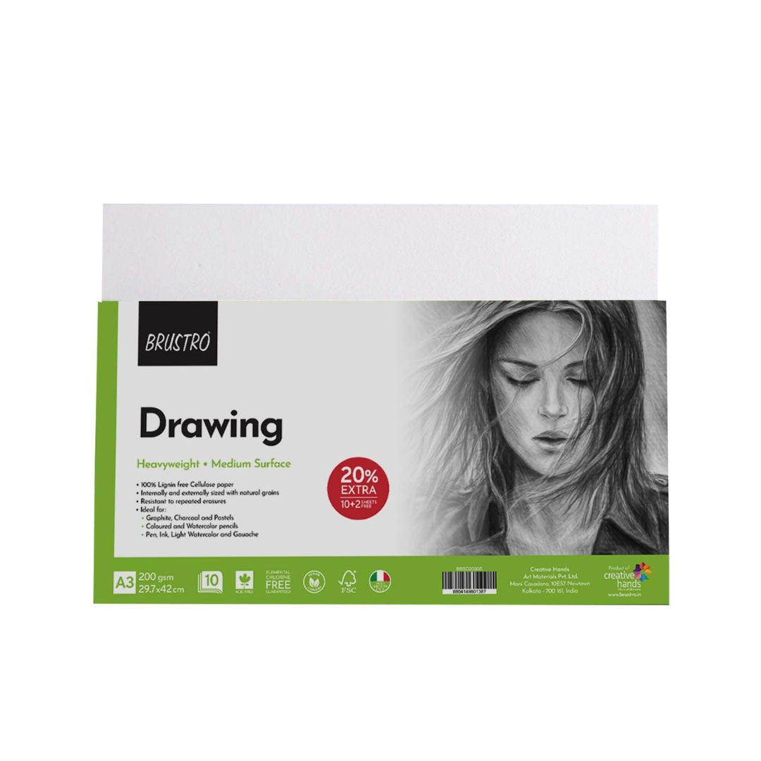 BRUSTRO Artists Drawing Paper 200 GSM A3 (Pack of 10 + 2 Free Sheet)