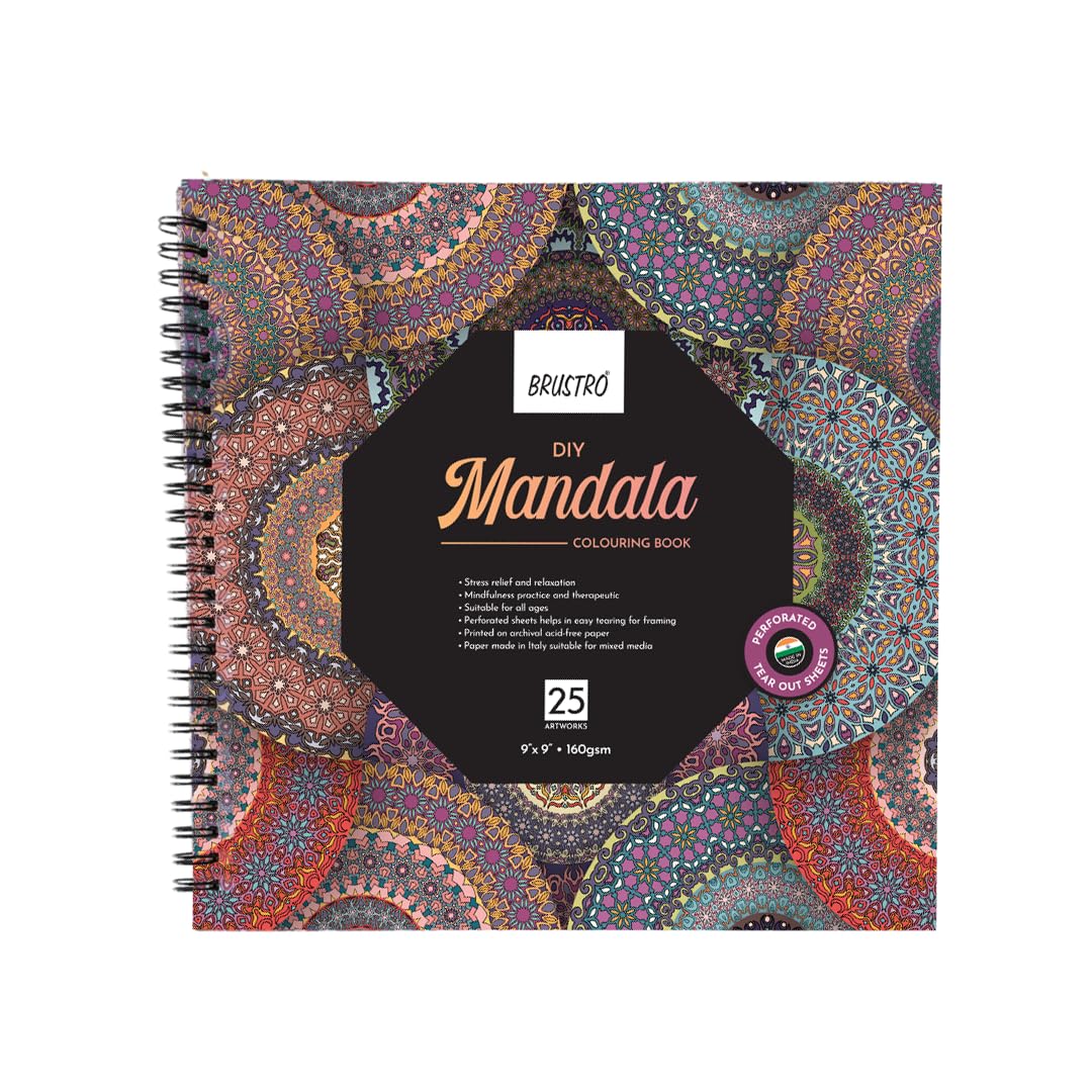 BRUSTRO DIY Mandala Colouring Book 9"x9" (Inches), 160 GSM, 25 Perforated Sheets