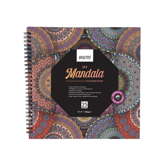 BRUSTRO DIY Mandala Colouring Book 9"x9" (Inches), 160 GSM, 25 Perforated Sheets