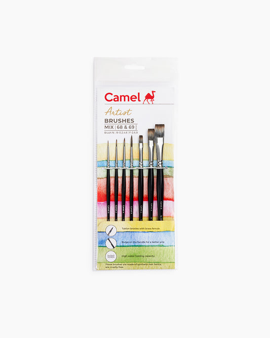 Camel Artist Brushes Assorted pack of 7 brushes, Round - Series 68 & Flat - Series 69