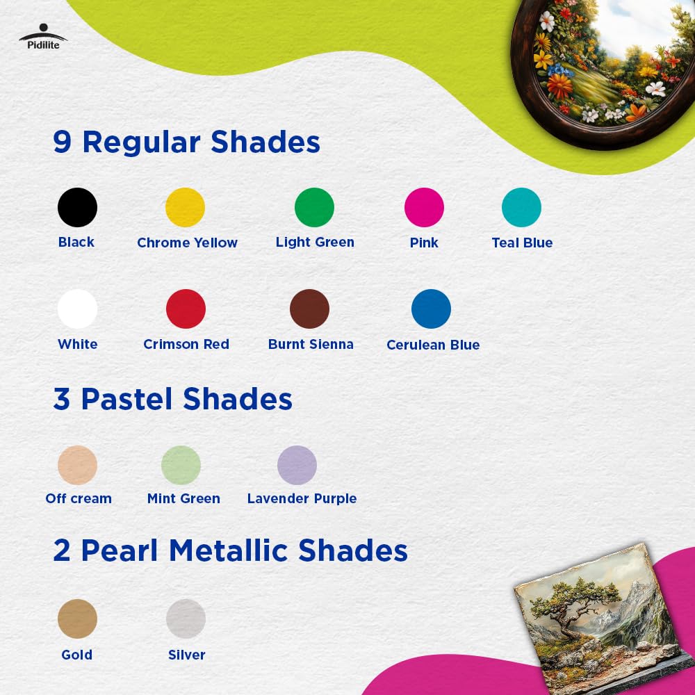 Fevicryl Carnival Kit, 10 ml x 14 Acrylic Colour in Primary, Pastel & Pearl Metallic Shades