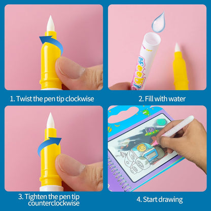 Water Magic Drawing Book with Reusable Water Pen – Doodle and Paint Activity Book for Kids