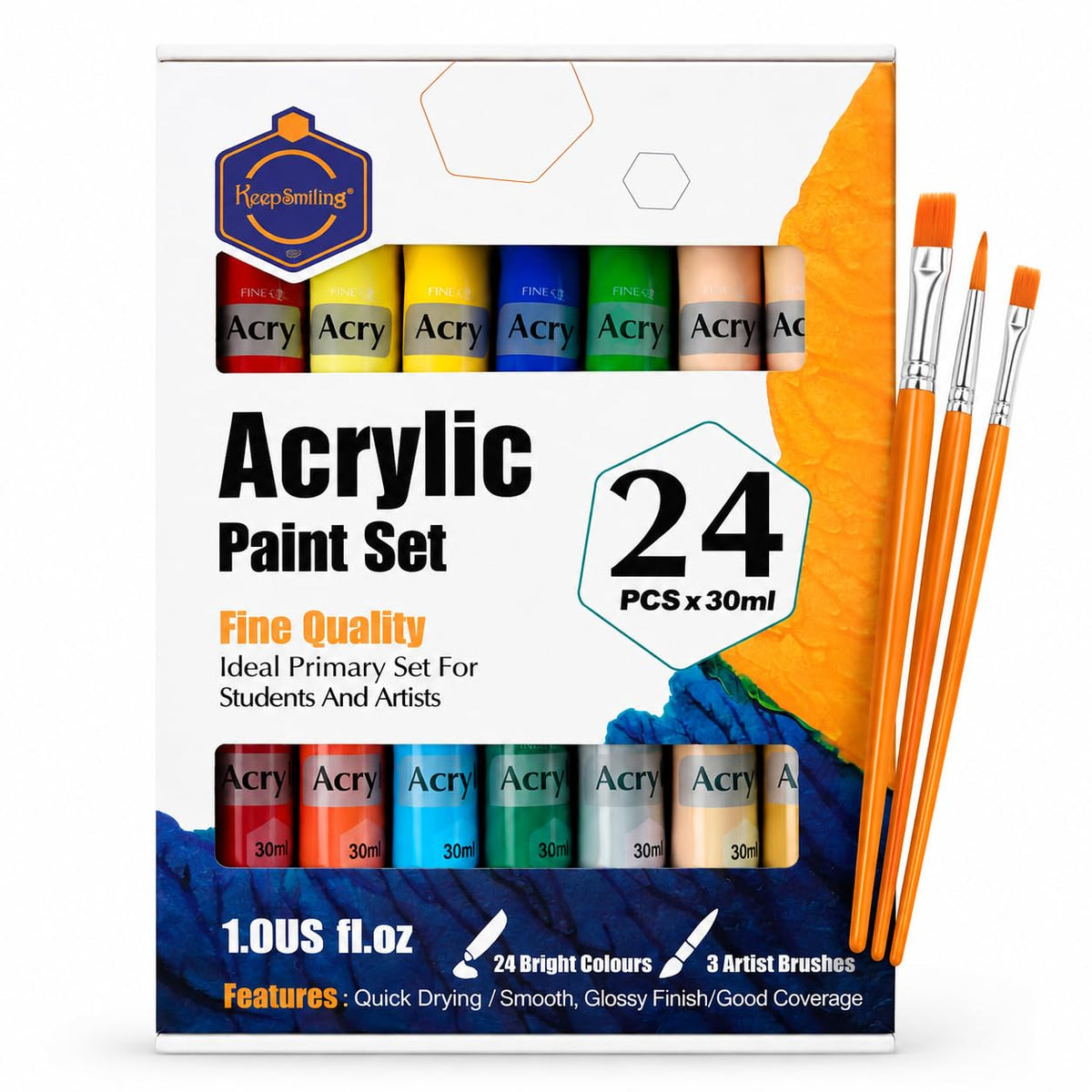 Keep Smiling Acrylic Tube Paint Set 30ml, 24 shades