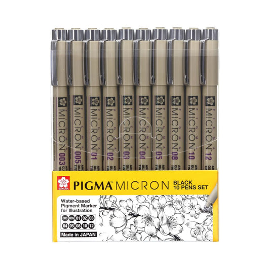 SAKURA Pigma Micron Fineliner Pens, Classic Set of 10 Nib Sizes, Black